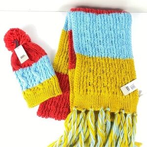 ⭐️ BP Cable Knit Hat Scarf Set Colorful Stripe Colorblock Pom Hat NWT